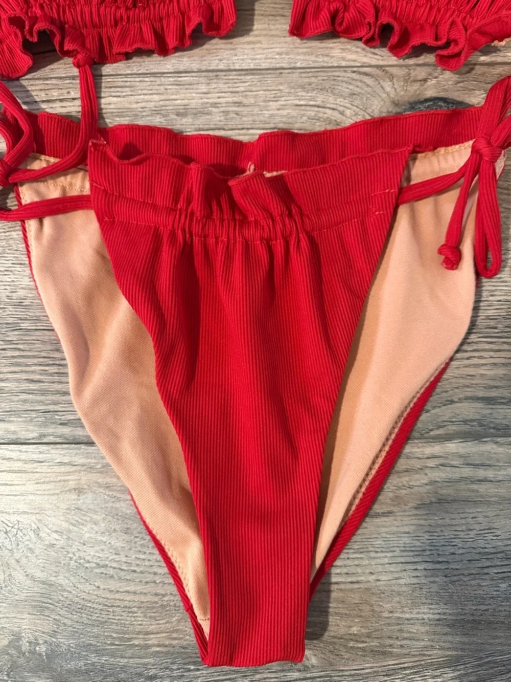 Zaful Red Ribbed Ruffle Bandeau Bikini Set - Picture 3 of 4